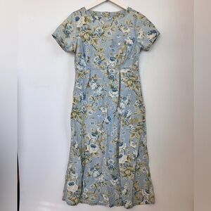 Liz Claiborne Lizwear Vintage Floral Denim Pleated Short Sleeve Maxi Dress 10P